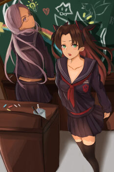 10s 2girls absurdres ahoge bindi black_hair black_legwear blush chalkboard classroom dark_skin dark-skinned_female facial_mark fate/extra fate/extra_ccc fate/grand_order fate_(series) forehead_mark glasses green_eyes hair_ribbon highres long_hair looking_at_viewer multiple_girls nozaki-kun open_mouth pleated_skirt podium purple_eyes purple_hair rani_viii ribbon school school_uniform serafuku skirt table thighhighs tohsaka_rin twintails two_side_up type-moon zettai_ryouiki