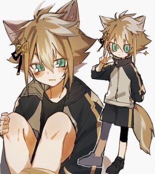 1boy :/ alternate_costume animal_ear_fluff animal_ears aqua_eyes arm_up blush closed_mouth collared_jacket dax00 dog_ears dog_tail dot_nose double-parted_bangs full_body genshin_impact gorou_(genshin_impact) hair_between_eyes hair_ornament hand_on_own_knee jacket looking_to_the_side male_focus multicolored_hair multiple_views open_clothes open_jacket sideways_glance simple_background sitting sparkle tail tears track_jacket v vertical-striped_sleeves white_background zipper zipper_pull_tab