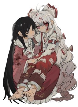 2girls arm_strap barefoot black_hair blood blood_on_clothes blood_on_face bow bowtie closed_eyes closed_mouth collared_shirt commentary_request frilled_shirt_collar frilled_skirt frills fujiwara_no_mokou full_body highres houraisan_kaguya long_hair long_sleeves looking_at_viewer multiple_girls ofuda ofuda_on_clothes open_mouth pants pink_shirt red_bow red_eyes red_pants red_skirt scar scar_on_foot shirt shiye_hong simple_background sitting sitting_on_lap sitting_on_person skirt suspenders torn_clothes torn_pants touhou two-tone_bow very_long_hair white_background white_bow white_bowtie white_hair white_shirt