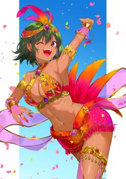 1girl ;d arm_up armpits bare_shoulders bikini bikini_top_only blush bracelet breasts carnival cleavage dancer dark-skinned_female dark_skin feathers fujisaki_subaru fur-trimmed_skirt fur_trim gold_thighlet green_hair headpiece highres idolmaster idolmaster_cinderella_girls idolmaster_cinderella_girls_starlight_stage jewelry large_breasts looking_at_viewer natalia_(idolmaster) navel one_eye_closed open_mouth purple_eyes red_nails red_skirt revealing_clothes samba short_hair skirt smile solo swimsuit thighlet
