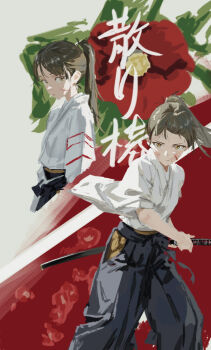 Rule 34 | 1girl, alternate hairstyle, black hakama, brown hair, closed mouth, cobwvmeti, commentary request, gakuen idolmaster, hakama, hakama pants, highres, idolmaster, japanese clothes, kimono, kuramoto china, pants, ponytail, samurai, scar, scar on face, sheath, sheathed, standing, sword, weapon, white kimono, yellow eyes