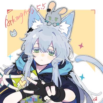 1girl :< animal_ear_fluff animal_ears arknights black_gloves cat_ears cat_girl cat_tail chinese_commentary closed_mouth commentary_request fingerless_gloves gloves green_eyes grey_hair highres jewelry long_hair maocaocaocao multiple_rings ring rosmontis_(arknights) single_glove solo stuffed_animal stuffed_rabbit stuffed_toy tail thick_eyelashes