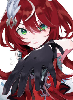 1girl black_gloves chazuke feather_hair_ornament feathers flying_sweatdrops gloves green_eyes hair_between_eyes hair_ornament hat long_hair red_hat simple_background solo umamusume very_long_hair white_background win_variation_(umamusume)