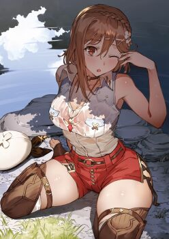 Rule 34 | 1girl, atelier (series), atelier ryza, atelier ryza 3, bare shoulders, bra, bracelet, breast pocket, breasts, brown eyes, brown hair, choker, detexted, earrings, floating earrings, hat, highres, jewelry, looking at viewer, medium breasts, medium hair, multiple bracelets, necklace, official art, one eye closed, pocket, red shorts, reisalin stout, see-through clothes, short shorts, shorts, solo, thick thighs, thighs, third-party edit, toridamono, underwear, unworn hat, unworn headwear, wet, wet clothes