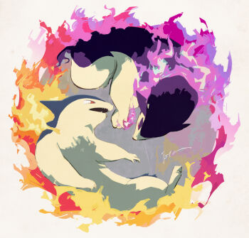 Rule 34 | fangs, fire, full body, gen 2 pokemon, hisuian typhlosion, isutai, looking at another, nintendo, no humans, pokemon, pokemon (creature), purple fire, purple fur, red eyes, regional and normal, simple background, two-tone fur, typhlosion, white background, yellow fur