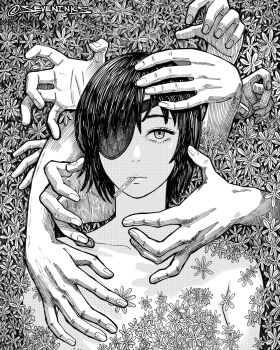 1girl bare_shoulders breasts chainsaw_man cigarette commentary_request disembodied_hand expressionless eyepatch flower greyscale hatching_(texture) highres himeno_(chainsaw_man) instagram_username linear_hatching monochrome portrait seveninks short_hair smoking solo spanish_commentary straight-on