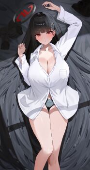 1girl absurdres black_hair black_halo black_panties blue_archive blunt_bangs blush boyfriend's_shirt breasts bright_pupils cleavage collarbone commentary_request gloves hair_ornament hairclip halo highres large_breasts long_hair looking_at_viewer lying multicolored_halo naze236 on_bed panties parted_lips partially_unbuttoned red_eyes red_halo rio_(blue_archive) shirt solo thighs two-tone_halo underwear unworn_gloves very_long_hair white_pupils white_shirt