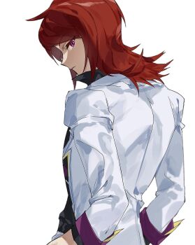 1boy butayar5 cowlick from_behind highres looking_at_viewer looking_back male_focus nintendo official_alternate_costume pokemon pokemon_masters_ex purple_eyes red_hair silver_(champion)_(pokemon) silver_(pokemon) simple_background solo white_background