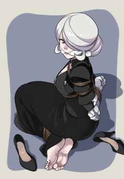 1girl absurdres barefoot bdsm bondage bound bound_ankles bound_wrists breast_bondage breasts cleavage cleave_gag cloth_gag cogita_(pokemon) dress gag gagged gloves grey_eyes grey_hair hair_over_one_eye high_heels highres improvised_gag lost_(sound_horizon) lost_one_zero mature_female nail_polish nintendo pokemon pokemon_legends:_arceus rope shoes sideboob toenail_polish toenails unworn_shoes