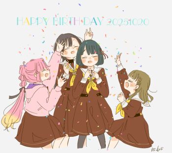 4girls :d ahoge anyoji_hime black_hair black_ribbon blunt_bangs blunt_ends bob_cut braid brown_dress brown_hair closed_eyes commentary confetti dated dress facing_viewer flower flower_knot hair_flower hair_ornament hair_ribbon happy_birthday hashtag-only_commentary hasu_no_shousankaku hasu_no_sora_school_uniform jellyfish_cut kachimachi_kosuzu kase_(ks_lys) katsuragi_izumi link!_like!_love_live! long_hair love_live! medium_dress momose_ginko multi-tied_hair multiple_girls neckerchief on_one_knee open_mouth pink_hair pleated_dress ponytail profile raised_inner_eyebrows ribbon sailor_collar sailor_dress school_uniform short_hair side_ahoge side_braids sidelocks simple_background smile standing twitter_username virtual_youtuber white_background white_flower white_sailor_collar winter_uniform yellow_neckerchief