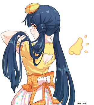 1girl back_cutout beret blue_hair blunt_bangs clothing_cutout commentary_request damokan66 dated dress from_behind hat heart_cutout highres holding holding_own_hair idolmaster idolmaster_million_live! idolmaster_million_live!_theater_days kitakami_reika long_hair looking_back orange_eyes orange_ribbon plaid_hat polka_dot polka_dot_skirt puffy_short_sleeves puffy_sleeves ribbon short_sleeves single_wing skirt smile solo twintails_with_hair_base white_background white_ribbon white_skirt wings yellow_dress yellow_hat