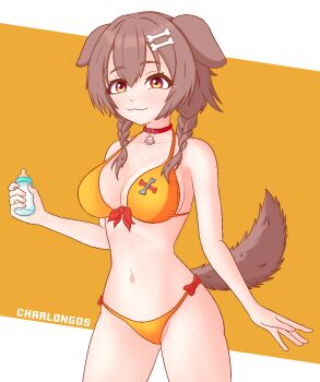 Rule 34 | 1girl, animal collar, animal ears, bikini, bone hair ornament, breasts, brown tail, cartoon bone, charlongos, collar, commentary, dog ears, dog girl, dog tail, hair ornament, highres, hololive, inugami korone, large breasts, looking at viewer, navel, orange bikini, solo, swimsuit, tail, virtual youtuber