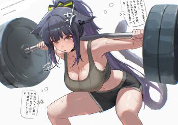 1girl absurdres animal_ears arknights barbell bare_shoulders black_choker black_hair black_shorts black_tail breasts cat_ears cat_girl cat_tail choker cleavage collarbone commentary ears_down exercising green_eyes grey_sports_bra hair_ornament highres jessica_(arknights) jessica_the_liberated_(arknights) large_breasts long_hair looking_at_viewer multicolored_hair navel ponytail purple_hair shorts solo speech_bubble sports_bra squatting sweat symbol-only_commentary tail thought_bubble translation_request two-tone_hair uof very_long_hair weightlifting white_background