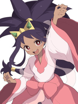 1girl big_hair blush bow breasts brown_eyes commentary_request crown dark-skinned_female dark_skin dress hair_ornament hiyoshipow iris_(pokemon) long_hair looking_at_viewer nintendo open_mouth pink_dress pokemon pokemon_bw2 purple_hair red_eyes simple_background smile solo teeth upper_teeth_only very_long_hair waist_bow white_background