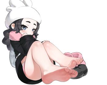 1girl ansha_(pokemon) barefoot black_coat black_hair blue_eyes braid braided_hair_rings closed_mouth coat commentary dokomon feet foot_focus full_body hair_rings hat highres nintendo panties panty_peek pink_shorts pokemon pokemon_legends:_z-a shoes shorts sitting soles solo toes underwear unworn_shoes white_background white_hat white_panties