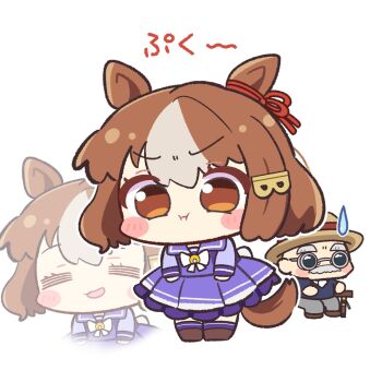 1girl =_= animal_ears belno_light_(umamusume) blue_jacket blush blush_stickers bow bowtie breasts brown_hair cane chibi chibi_only cleavage closed_mouth commentary_request ear_ribbon facial_hair grey_hair grey_pants hair_ornament hat highres holding holding_cane horse_ears horse_girl horse_tail jacket letter_hair_ornament long_sleeves mokemongetdaze multicolored_hair musaka_ginjirou mustache old old_man open_mouth pants pleated_skirt pout purple_sailor_collar purple_serafuku purple_shirt purple_skirt purple_thighhighs sailor_collar sailor_shirt school_uniform serafuku shirt shoes short_hair skirt smile sunglasses sweatdrop tail thighhighs tracen_school_uniform two-tone_hair umamusume umamusume:_cinderella_gray white_bow white_bowtie white_hair