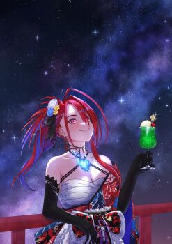 absurdres ahoge alternate_hairstyle bare_shoulders black_gloves blue_hair blush breasts cleavage collarbone commentary cup elbow_gloves elizabeth_rose_bloodflame elizabeth_rose_bloodflame_(new_year) english_commentary fire_on_chest floral_print flower food gloves hadanugi_dousa hair_flower hair_ornament hair_up highres holding holding_cup hololive hololive_english ice_cream ice_cream_float japanese_clothes jininwop kimono large_breasts looking_up melon_soda multicolored_hair night off_shoulder official_alternate_costume official_alternate_hairstyle open_kimono ponytail print_kimono red_eyes red_hair red_kimono sarashi sky smile star_(sky) starry_sky two-tone_hair upper_body virtual_youtuber