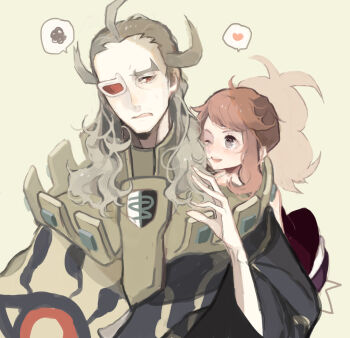 1boy 1girl age_difference aged_down annoyed bare_shoulders black_vest blonde_hair brown_cloak brown_hair cloak ghetsis_(pokemon) grey_eyes hair_slicked_back hand_on_another&#039;s_shoulder hand_up heart height_difference highres hilda_(pokemon) leaning_on_person nintendo one_eye_closed open_mouth pokemon pokemon_bw ponytail red_eyes scouter spoken_heart spoken_squiggle squiggle two-tone_cloak uenoike_(194753) upper_body vest yellow_background