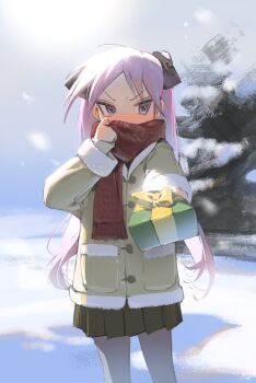 1girl absurdres adjusting_scarf alternate_costume averting_eyes black_bow black_skirt blush bow box coat commentary cowboy_shot fur-trimmed_coat fur_trim gift gift_box green_coat grey_eyes grey_pantyhose hair_bow hakun_(hak_kun) highres hiiragi_kagami holding holding_gift long_hair long_sleeves lucky_star outdoors pantyhose parted_lips pleated_skirt purple_hair red_scarf scarf skirt snow solo standing symbol-only_commentary tsundere tsurime twintails very_long_hair winter winter_clothes
