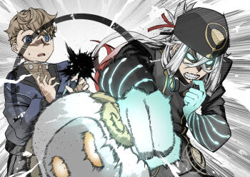 2boys apollo_(fate) asclepius_(fate) asclepius_(second_ascension)_(fate) blue_eyes blue_jacket brown_hair clenched_teeth fate/grand_order fate_(series) glowing glowing_eyes jacket long_hair mask_pull multiple_boys nonone_(the9thxsheep) punching sweatdrop teeth theodorus_van_gogh_(fate) white_hair