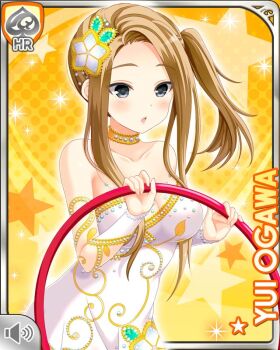 1girl bare_shoulders black_eyes breasts brown_hair card_(medium) character_name cleavage girlfriend_(kari) gymnastics hair_ornament holding_hoop large_breasts leotard official_art ogawa_yui_(girlfriend_(kari)) qp:flapper rhythmic_gymnastics side_ponytail solo standing star_(symbol) white_leotard yellow_background