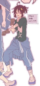 3boys :d ahoge alternate_costume bandaged_arm bandaged_leg bandages black_shirt blue_jacket blue_pants brown_eyes brown_gloves brown_hair bruise bruised_eye clothes_around_waist fang gloves hair_ornament height identity_v injury jacket jacket_around_waist lightning_bolt lightning_bolt_hair_ornament lightning_bolt_symbol looking_at_viewer luca_balsa male_focus minotackle multiple_boys open_mouth out_of_frame pants ponytail raised_eyebrow shirt shoes sidelocks skin_fang smile sneakers solo_focus stretching translation_request white_shoes