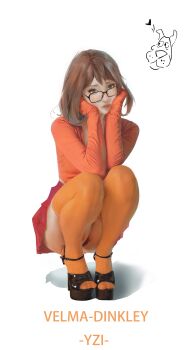 1girl absurdres artist_name bilingual_commentary black-framed_eyewear black_shoes brown_hair character_name closed_mouth commentary doodle_inset elbows_on_knees english_commentary full_body glasses hands_on_own_cheeks hands_on_own_face highres legs long_sleeves looking_at_viewer medium_hair miniskirt mixed-language_commentary open-toe_shoes orange_sweater orange_thighhighs platform_heels pleated_skirt rectangular_eyewear red_lips red_skirt scooby-doo scooby-doo_(character) shoes simple_background skirt sleeves_past_wrists solo squatting sweater thighhighs velma_dinkley white_background yzi_(pixiv24609791)