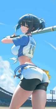 1girl absurdres ass back baseball_bat baseball_stadium baseball_uniform bike_shorts bike_shorts_under_shorts black_hair blue_sky brown_eyes clothes_writing cowboy_shot day from_behind highres holding holding_baseball_bat idolmaster idolmaster_cinderella_girls long_sleeves looking_at_viewer looking_back outdoors parted_lips ponytail qingli_ye shirt short_hair short_ponytail short_shorts short_sleeves shorts sky smile solo sportswear takafuji_kako tied_shirt white_shorts