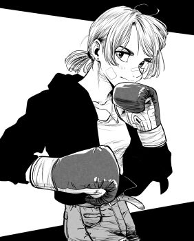 Rule 34 | 1girl, bandaid, bandaid on cheek, bandaid on face, bandaid on nose, boxing, boxing gloves, breasts, commentary request, denim, denim shorts, earrings, fighting stance, greyscale, highres, hood, hoodie, jewelry, lee (dragon garou), monochrome, original, ponytail, serious, short ponytail, shorts, small breasts, solo, stud earrings, upper body
