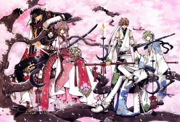 1girl 3boys absurdres black_gloves black_hair blonde_hair blue_eyes brown_eyes brown_hair cherry_blossoms clamp detached_sleeves fai_d._flowright fingerless_gloves gloves green_eyes gun hair_ornament highres holding holding_gun holding_sword holding_weapon huge_filesize katana kurogane_(tsubasa_chronicle) looking_at_viewer mokona multiple_boys outdoors red_eyes ribbon sakura_hime short_hair smile sword tree tsubasa_chronicle weapon white_ribbon xiaolang