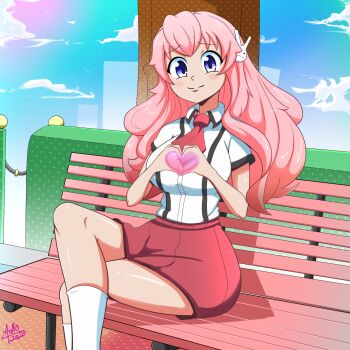 Rule 34 | 1girl, aonoexorcist100, artist name, baka to test to shoukanjuu, breasts, hair ornament, heart, heart hands, highres, himeji mizuki, large breasts, long hair, pink hair, purple eyes, skirt, solo, thick thighs, thighs, wide hips