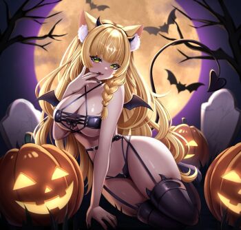 1girl animal_ear_fluff animal_ears bare_tree bikini biyo_yoo black_bikini black_garter_belt black_nails black_thighhighs black_wings blonde_hair braid breasts commentary criss-cross_straps demon_tail english_commentary fake_horns full_moon garter_belt grass hairband heart heart_o-ring horn_hairband horns indie_virtual_youtuber jack-o'-lantern lannah_babe large_breasts lips long_hair moon o-ring second-party_source solo swimsuit tail thighhighs tombstone tree virtual_youtuber wings