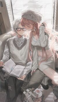 1boy 1girl absurdres beanie black-framed_eyewear blush book breasts choker cleavage closed_mouth collared_shirt crop_top diurtion earrings glasses hat highres holding holding_book indoors jewelry long_hair long_sleeves looking_at_another medium_breasts midriff navel necklace oc_x_canon open_book original pants pink_hair purple_eyes reading shirt short_hair sitting skirt sleeves_past_wrists sweater tears_of_themis twintails very_long_hair vyn_richter_(tears_of_themis) white_shirt window window_blinds