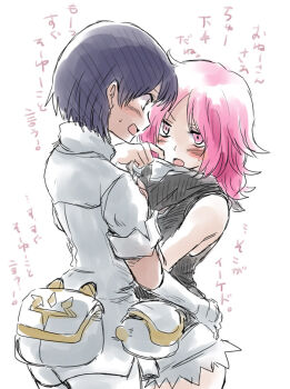 2girls aether_foundation aether_foundation_employee aether_foundation_employee_(female) black_hair blush dark-skinned_female dark_skin eye_contact gloves hand_on_another's_hip looking_at_another multiple_girls nintendo no_headwear pantyhose pink_eyes pink_hair pokemon pokemon_sm pouch short_hair short_sleeves sketch tank_top team_skull team_skull_grunt thigh_pouch translated unya white_gloves yuri