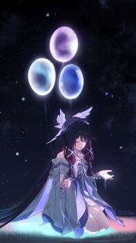 1girl absurdres balloon bare_shoulders black_hair black_sky chinese_commentary closed_eyes columbina_(genshin_impact) commentary_request dress genshin_impact hair_intakes hair_ribbon head_wings highres holding holding_balloon long_hair multicolored_hair purple_hair ribbon seiza sitting sky solo star_(sky) starry_sky twitter_username white_ribbon wings yiyiyiyi670