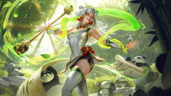 1girl armpits bamboo bamboo_forest breasts china_dress chinese_clothes chinese_knot clothing_cutout dress flower_knot forest green_eyes hair_ornament highres league_of_legends lux_(league_of_legends) motion_blur motion_lines nature official_art outstretched_arms panda red_rope rope second-party_source skirt sleeveless sleeveless_dress smile solo spinning spinning_weapon staff thighhighs white_hair white_thighhighs zettai_ryouiki