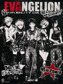 Rule 34 | 2boys, 3girls, alternate costume, artist collaboration, ayanami rei, bass drum, breasts, copyright name, drum, electric guitar, glasses, guitar, holding, holding microphone, ikari shinji, instrument, logo, low twintails, makinami mari illustrious, microphone, monochrome, multiple boys, multiple girls, nagisa kaworu, neon genesis evangelion, official alternate costume, official art, pants, piano, rebuild of evangelion, rock band, shirt, short shorts, shorts, simple background, skirt, smile, souryuu asuka langley, twintails, two side up