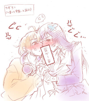 Rule 34 | 2girls, ahoge, anger vein, angry, assault lily, blush, brown cardigan, brown hair, brown jacket, butterfly hair ornament, cardigan, collared shirt, commentary, covered mouth, detached collar, face-to-face, fingerless gloves, from side, funada kiito, gloves, green eyes, hair ornament, half gloves, headphones, headphones around neck, heads together, holding hands, implied kiss, interlocked fingers, jacket, jewelry, kawamura yuzuriha, long hair, long sleeves, multiple girls, necklace, necktie, nose blush, open cardigan, open clothes, pale color, partially colored, partially translated, pendant, profile, purple hair, purple jacket, purple skirt, santouka, shirt, simple background, skirt, speech bubble, spoken anger vein, translation request, trembling, upper body, white background, yellow eyes, yuri