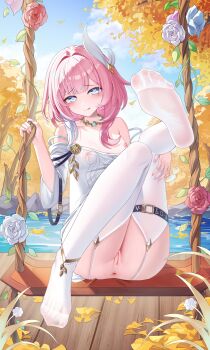 1girl absurdres anus bare_shoulders blue_eyes blue_sky breasts censored commentary_request cyrene_(aedes_elysiae)_(honkai:_star_rail) cyrene_(honkai:_star_rail) dress garter_straps hair_ornament highres honkai:_star_rail honkai_(series) jndfh lake leg_up looking_at_viewer medium_hair mosaic_censoring multicolored_hair on_swing outdoors pink_hair pussy sky small_breasts soles solo swing swing_set thighhighs thighs toes tongue tongue_out two-tone_hair variant_set water white_dress white_hair white_thighhighs wooden_floor