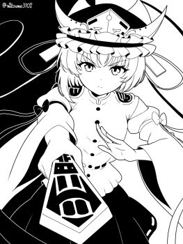 Rule 34 | 1girl, asymmetrical hair, closed mouth, commentary request, epaulettes, frilled hat, frills, greyscale, hat, highres, long sleeves, looking at viewer, mitsume310i, monochrome, ribbon-trimmed skirt, ribbon trim, rod of remorse, shiki eiki, skirt, sleeve bow, solo, touhou, twitter username, vest, wide sleeves