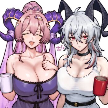 2girls ahoge alternate_costume artist_name asymmetrical_docking bare_shoulders belt black_belt black_choker black_horns blush breast_press breasts choker cleavage closed_eyes closed_mouth collarbone commentary crossover cup curled_horns dress earrings english_commentary fire_emblem fire_emblem_heroes hand_on_own_chest happy high_ponytail highres holding holding_cup horns huge_breasts jewelry key_earrings long_hair looking_at_viewer mole mole_on_breast mole_under_eye mug multicolored_horns multiple_girls nerthuz_(fire_emblem) nintendo open_mouth pink_hair ponytail purple_dress purple_horns red_eyes red_hair rotomdocs simple_background single_earring smile two-tone_horns white_background white_dress wuthering_waves yellow_horns zani_(wuthering_waves)