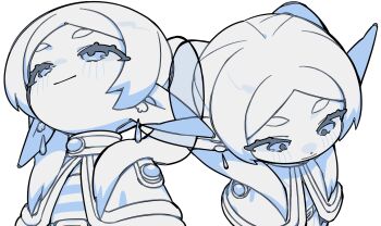 1girl capelet chibi chibi_only earrings elf frieren from_above from_behind highres jewelry light_blush light_smile long_hair meme multiple_views nankai_(nankai_san) parted_bangs pointy_ears shirt smile solo sousou_no_frieren striped_clothes striped_shirt thick_eyebrows twintails upper_body upward_angle_frieren_drawing_(meme) white_background white_capelet