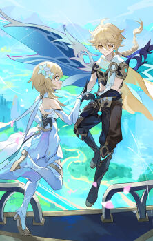 1boy 1girl absurdres aether_(genshin_impact) ahoge black_gloves black_pants black_shirt blonde_hair blue_sky boots braid braided_ponytail brother_and_sister closed_mouth commentary_request cropped_shirt detached_sleeves dress floating_hair flower flying full_body genshin_impact gloves hair_between_eyes hair_flower hair_ornament highres holding_hands long_hair looking_at_another lumine_(genshin_impact) midriff open_mouth outdoors pants scarf shirt short_hair_with_long_locks siblings sky smile standing standing_on_one_leg thigh_boots white_boots white_dress white_scarf wind_glider xinliu_asato yellow_eyes