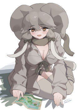 1girl african_forest_elephant_(kemono_friends) animal_ears blush boots bow coat elephant_ears elephant_girl elephant_tail green_shorts grey_boots grey_coat grey_hair grey_scarf grey_thighhighs hair_between_eyes hair_bow highres kemono_friends kunikuni_(kunihiro2005) long_hair long_sleeves looking_at_viewer map multicolored_hair open_clothes open_coat open_mouth orange_eyes scarf short_shorts shorts sidelocks sitting smile solo thighhighs white_hair yokozuwari zettai_ryouiki