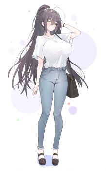 Rule 34 | 1girl, :o, adjusting hair, ahoge, alternate costume, alternate hair length, alternate hairstyle, arm up, azur lane, bag, black hair, black shoes, bracelet, breasts, brown bag, casual, collarbone, commentary request, denim, full body, green eyes, hair between eyes, hair tie, handbag, high ponytail, highres, huge breasts, indomitable (azur lane), jeans, jewelry, livetarica, long hair, looking at viewer, pants, parted lips, ponytail, shirt, shoes, short sleeves, sidelocks, simple background, solo, standing, very long hair, white background, white shirt