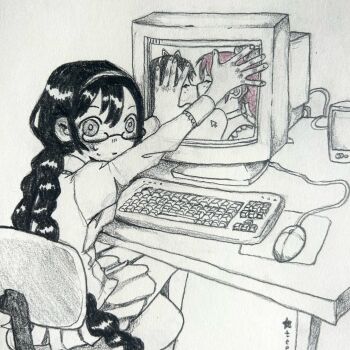 2girls akemi_homura braid commentary computer computer_keyboard computer_mouse crt cursor desk glasses graphite_(medium) highres kaname_madoka kiss long_hair mahou_shoujo_madoka_magica mahou_shoujo_madoka_magica_(anime) multiple_girls pink_hair pleated_skirt shirt sitting skirt speaker spot_color teethmeat traditional_media twin_braids yuri