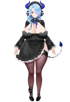 1girl absurdres animal_ears black_dress black_nails black_shoes blue_eyes blue_hair blue_pupils braid breasts bright_pupils cleavage closed_mouth cow_ears cow_girl cow_horns cow_tail cream_cod dress frilled_dress frills hair_over_one_eye hair_over_shoulder hair_tubes highres horns huge_breasts indie_virtual_youtuber long_hair maid maid_headdress miilkywayz mole mole_under_mouth official_art purple_horns shoes single_hair_tube smile solo tachi-e tail thighhighs transparent_background virtual_youtuber