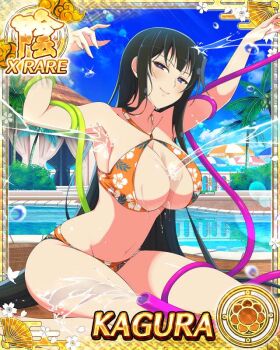 1girl armpits bdsm beach_umbrella between_breasts bikini black_eyes black_hair blue_pupils bondage border bound bound_arms breasts card_(medium) character_name cleavage day dripping floral_print floral_print_bikini flower-shaped_pupils game_cg groin half-closed_eyes hose kagura_(senran_kagura) large_breasts long_hair looking_at_viewer navel official_art orange_bikini palm_tree pool poolside print_bikini seductive_smile senran_kagura senran_kagura_new_wave sitting smile solo spraying sunlight swimsuit symbol-shaped_pupils third-party_source tree umbrella very_long_hair water wet
