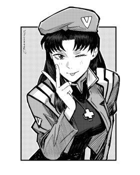 1girl :p beret breasts commentary cropped_jacket greyscale hat hatching_(texture) highres instagram_username jewelry katsuragi_misato long_hair medium_breasts monochrome necklace neon_genesis_evangelion one_eye_closed seveninks solo tongue tongue_out upper_body v