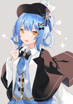 1girl :d black_capelet black_hat blue_hair blue_skirt braid braided_hair_rings capelet cowboy_shot deerstalker grey_background grey_vest hair_rings hand_up hashtag-only_commentary hat highres index_finger_raised long_sleeves looking_at_viewer mahou_shoujo_no_majo_saiban necktie open_mouth plaid_clothes plaid_skirt short_hair simple_background skirt smile solo sparkle tachibana_sherry vest yellow_eyes youkai_(melticecre4m)